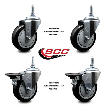 Service Caster 4 Inch Black Polyurethane 38 Inch Threaded Stem Caster Set 2 Brakes SCC SCC-TS20S414-PPUB-BLK-381615-2-PLB-2